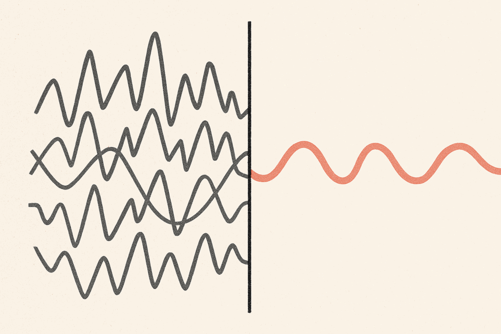 Minimalist retro illustration showing a smooth coral waveform cutting through noisy jagged lines: consultancy vs agency clarity.