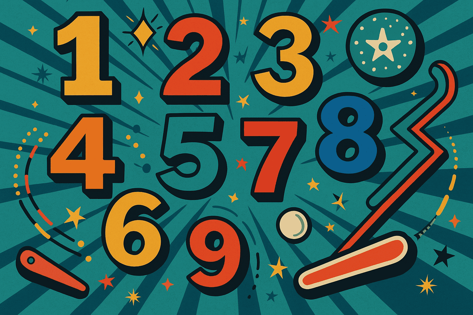 A retro pinball machine illustration with bright numbered bumpers 1 through 9. On one side, balls bounce chaotically, symbolising noisy content. On the other, a clean glowing ball follows the numbered sequence, symbolising the clarity of a structured listicle.